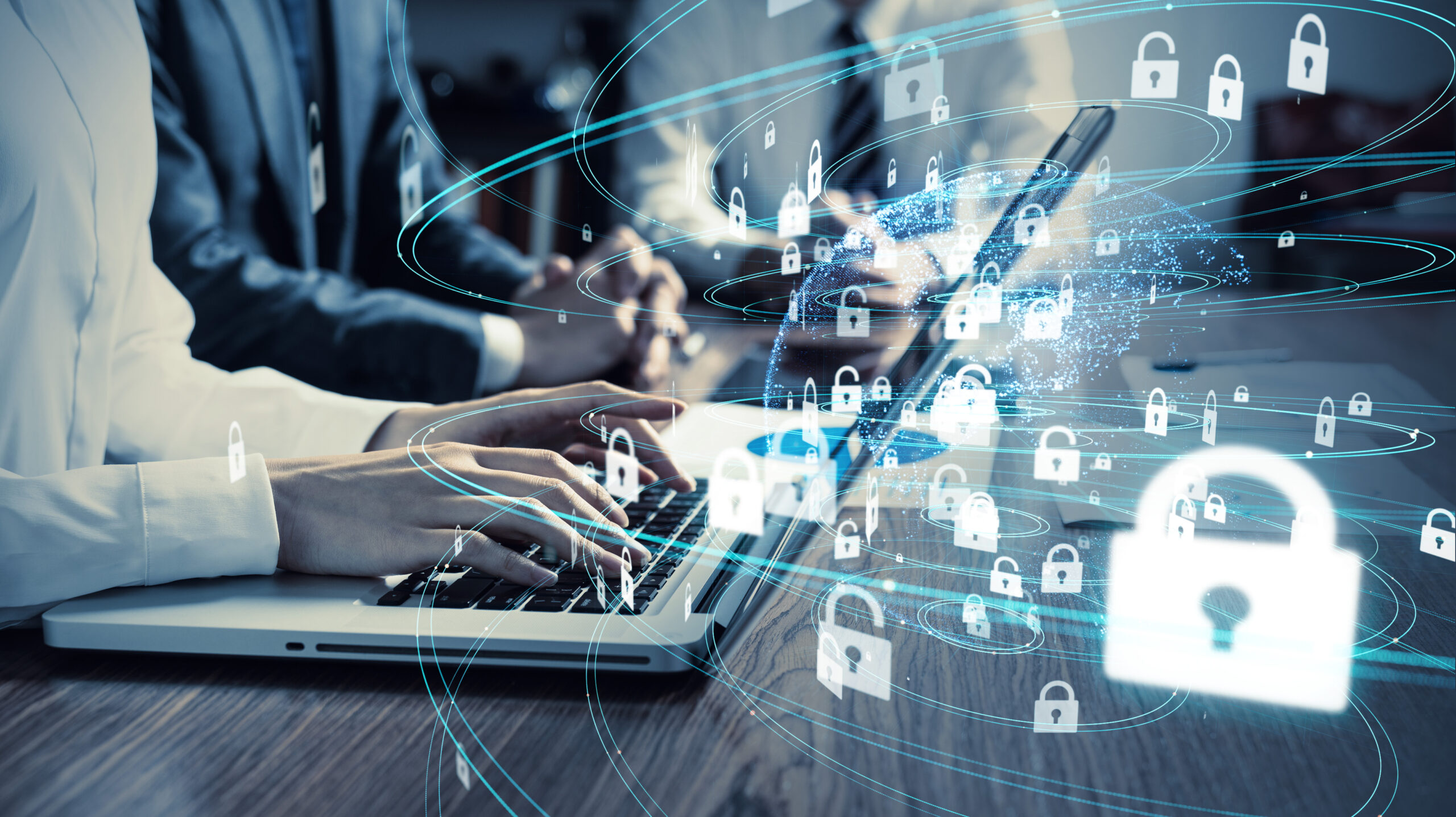 Professional typing on a laptop with digital padlock icons and a glowing globe overlaid, representing data security and privacy